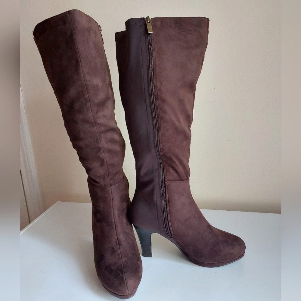 Lane Bryant - Faux Suede Brown Knee-High Heeled Boots w/ Zipper - Picture 2 of 12